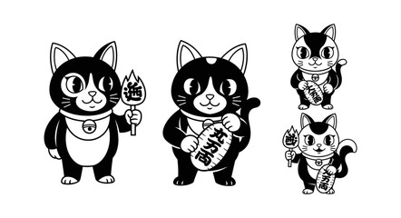 Fototapeta premium Japanese lucky cats maneki neko in black and white illustration.