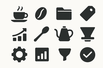 Bean kettle chart saucer cup filter icon vector checkmark set tag espresso