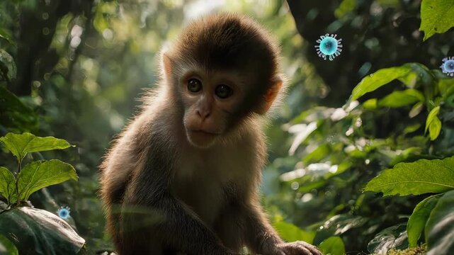 Monkey in Jungle Surrounded by Viruses: Health Crisis, Wildlife Threat