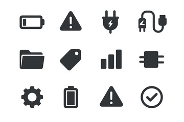 Battery plug alert mark vector set gear folder chart exclamation triangle icon