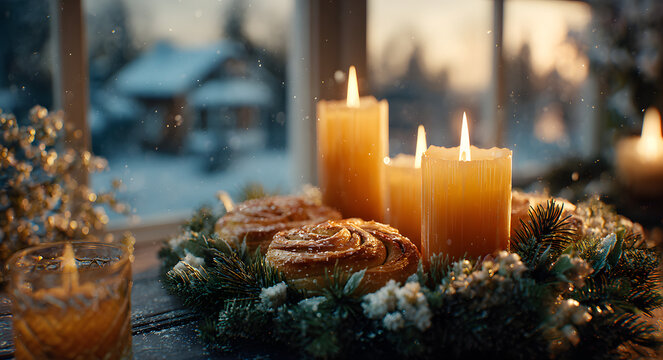 Saint Lucy's joyous tradition features brilliant lit candles on a green winter wreath, delicious golden saffron buns, and a peaceful snowy outdoor vista, December celebration.