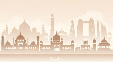 Delhi Skyline Illustration: Sepia Tones, Cityscape Vector