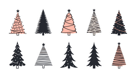 Obraz premium A collection of 10 modern, minimalist Christmas tree illustrations in black and pink, featuring various festive decorations for holiday season designs.