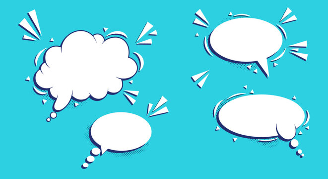 Dynamic comic book-style speech and thought bubbles with pop art accents on a bright blue background, ideal for dialogue and communication themes.