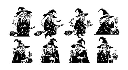 Fototapeta premium Set of Halloween Witches in Various Poses and Actions.
