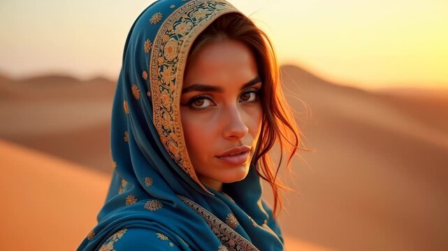 Portrait of a beautiful Arab woman in a desert landscape during sunset