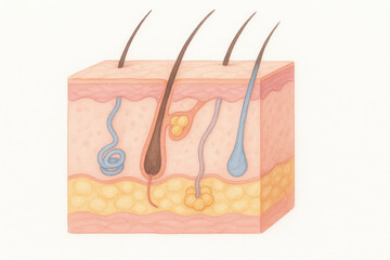 Human skin cross section showing hair follicle and glands anatomy with soft colors and detailed layers