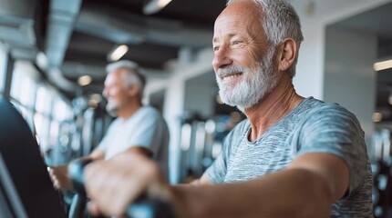 Two gray-haired older men using cardio machines like treadmills or ellipticals in a fitness center, enjoying friendly conversation and laughter during their exercise session.