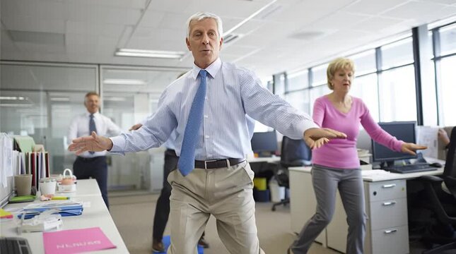 Older colleagues aged over 60 participate in brief workplace exercises during an office break, showing social inclusion and commitment to health maintenance.