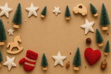 Christmas decoration Christmas tree Red mitten Wooden toy Star ornament Heart decoration Pine cone Acorn Festive background Holiday flat lay