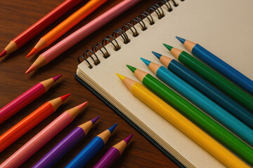 Colored pencil set with vibrant hues arranged on wooden table and spiral notebook, showcasing creativity and artistic inspiration in warm, inviting workspace