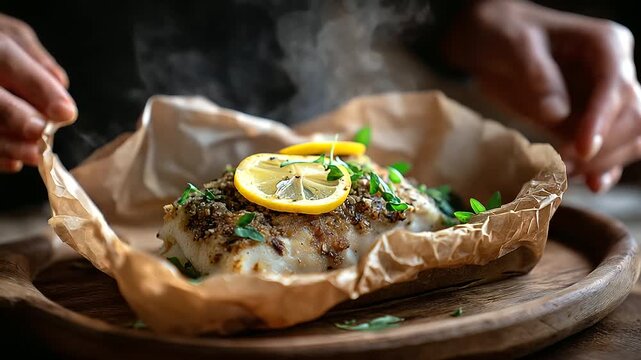 Home kitchen parchment-baked white fish with lemon and herbs, hands opening packet, aromatic steam, cozy realism, with copy space