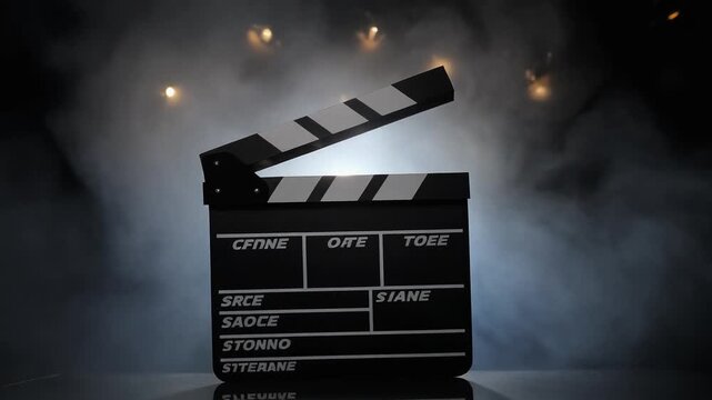 Film Production Clapperboard Opening and Closing on a Smoky Set