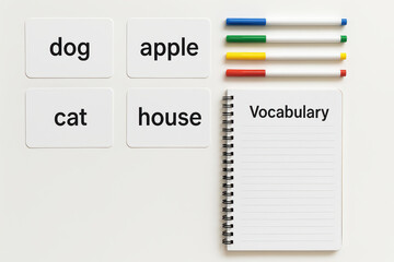 Vocabulary notebook with flashcards and colorful markers for language learning and education concept on white background