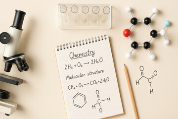 Chemistry study setup with molecular structure formulas, microscope, molecular model, and pencil on beige background, evoking focused and educational atmosphere