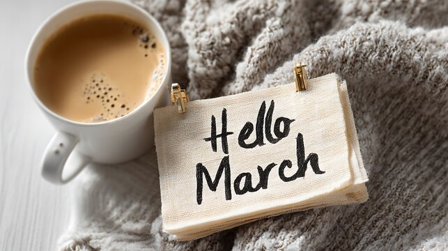 hand written text  Hello March with coffee in winter 