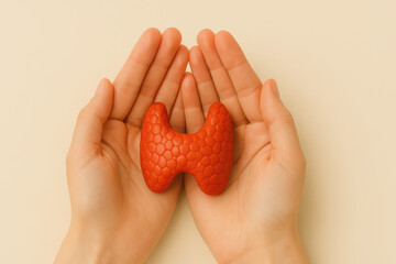 Thyroid gland model held gently in hands symbolizing health care and medical awareness for endocrine system and hormone balance in soft beige background