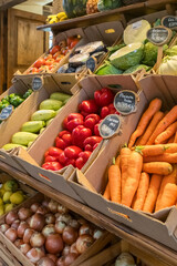 A variety of fresh vegetables on a market stall in Tenerife, Spain.