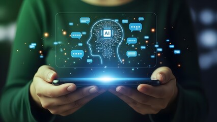 Ai powered security on mobile device with digital head and icons