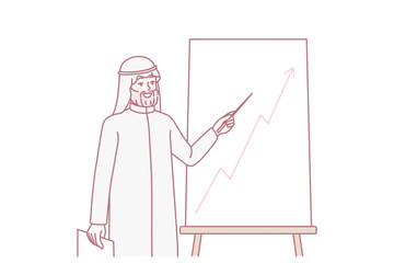 Arabic man make presentation of flipchart. Arab businessman present project on whiteboard. International company business. Vector illustration.