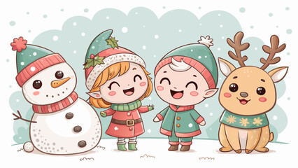 Adorable Christmas vector illustration of smiling children elves with a friendly snowman and cute reindeer in a snowy winter wonderland &mdash; pastel kawaii holiday characters perfect winter landscape art