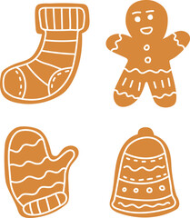 Four festive gingerbread cookies shaped like a stocking, a gingerbread man, a mitten, and a bell, decorated with white icing.