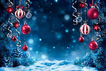 Christmas Night - Red Balls Hanging With Snow And Fir Branches In Winter Abstract Blue Backdrop