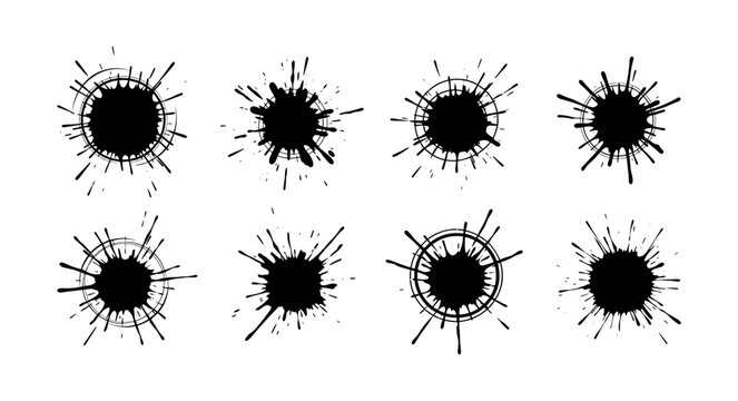 Collection of eight black ink splatters and splashes abstract gr