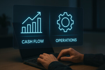 Hands typing on laptop with digital interface showing cash flow and operations icons, symbolizing business management and financial growth concepts
