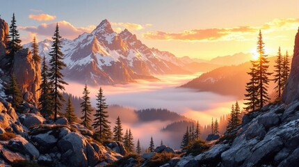 A serene and majestic mountain landscape at sunrise, with golden light illuminating snow-capped peaks above a sea of clouds