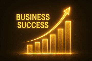Business success concept with glowing golden bar chart and upward arrow symbolizing growth and achievement in business and finance