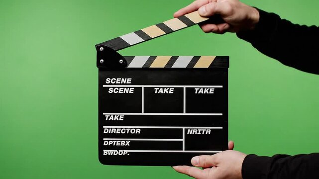 Hands Clapping Movie Clapperboard on Green Screen Background