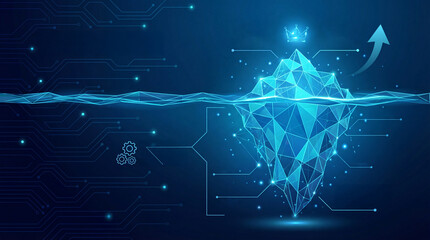 Futuristic Low Poly Digital Iceberg Concept with Crown, Data Analysis, Hidden Potential and Business Strategy.
