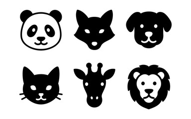 Fototapeta premium Silhouette animal faces: cute and simple animal icons in black and white
