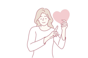 female figure displays affection while advocating social goodwill and unity, cheerful woman making peace sign and heart shape to encourage friendliness and community support