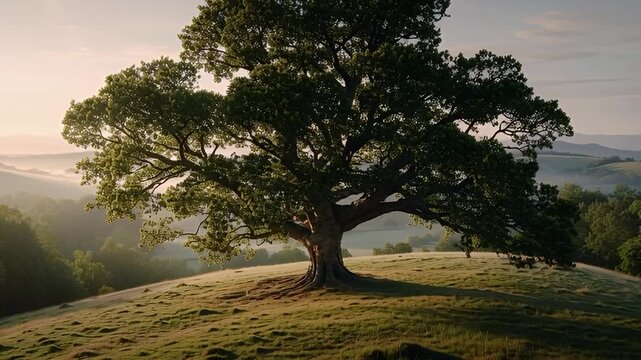 Majestic Ancient Oak Tree Standing Tall on a Rolling Hillside Bathed in Soft Morning Sunlight, Evoking Peace and Serenity