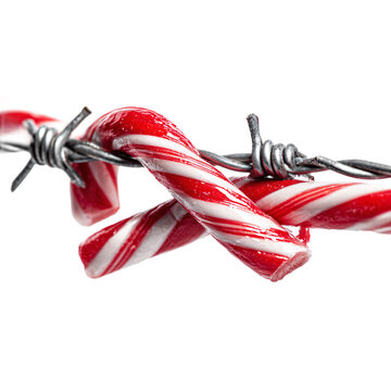 Candy Cane Entrapment: Symbolic image featuring Candy canes snagged on barbed wire, creating a contrast.