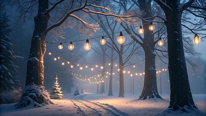 Winter forest landscape with snow-covered trees and a cold, white path under a blue sky