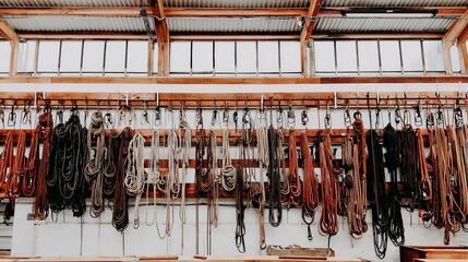 hoist. Neatly arranged ropes and pulley systems on a warehouse wall. safety posters, maintenance manuals, designed for industrial assembly lines and welding operations.