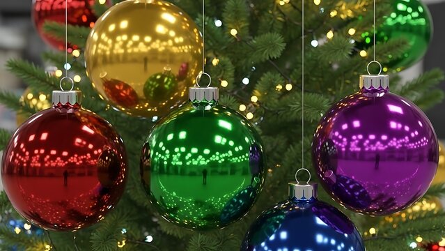 Close up of shiny Christmas tree ornaments in red green gold purple blue decoration