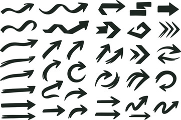 Collection of black hand drawn arrow icons pointing in various directions and styles pointer sign
