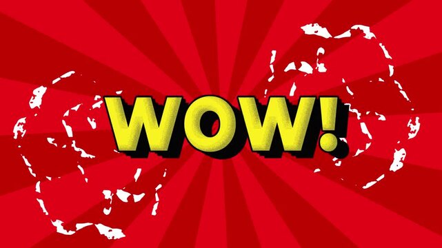 wow word text Cartoon reveal Bomb and Smoke popup Style with manga anime Comic book abstract colorful radial speed lines doodle red background with rays Seamless loop animation, retro popup art