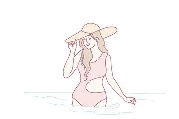 Smiling young woman in swimsuit and summer hat posing in sea on vacation. Beautiful fit girl in bikini enjoy holidays at resort. Travel concept. Vector illustration.