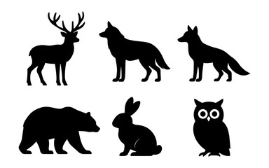 Obraz premium Silhouette wildlife collection: deer, wolf, bear, rabbit, and owl