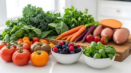 Abundant and Colorful Organic Fruits and Vegetables on a Modern Kitchen Counter