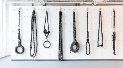 hoist. Neatly arranged ropes and pulley systems on a warehouse wall. safety posters, maintenance manuals, designed for industrial assembly lines and welding operations.