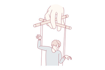 Hand holding man on ropes manipulating steps and actions. Puppeteer control unhappy guy. Manipulation and lack of freedom. Vector illustration.