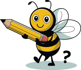 Cute cartoon bee holding pencil, creative character illustration, educational mascot design, playful drawing concept, funny bee artwork for learning themes