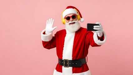 Santa Claus rocks yellow headphones taking a selfie on pink background