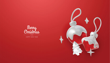 Happy New Year and Merry Christmas. Christmas holiday background with realistic 3d objects, bauble balls, conical metal stars. Levitation falling design composition.